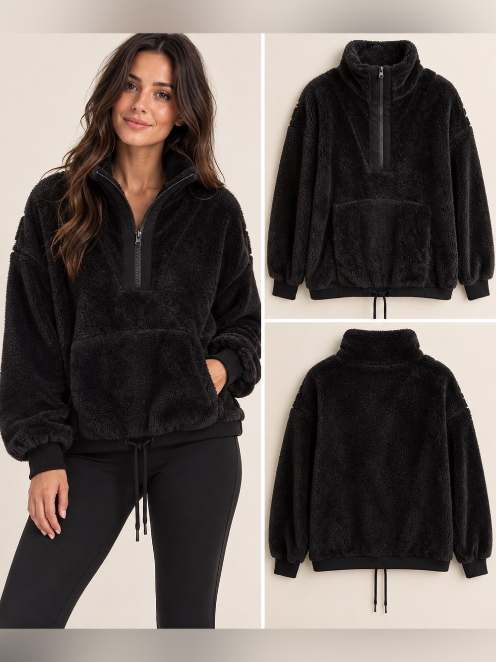 JoyLab Sherpa Half Zip Pullover S Black Oversized Fleece Cozy